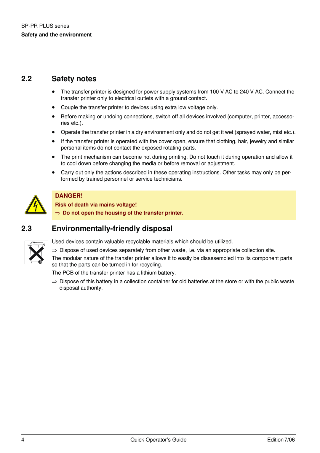 Brady BP-PR PLUS Series manual Safety notes, Environmentally-friendly disposal, Danger, Risk of death via mains voltage 
