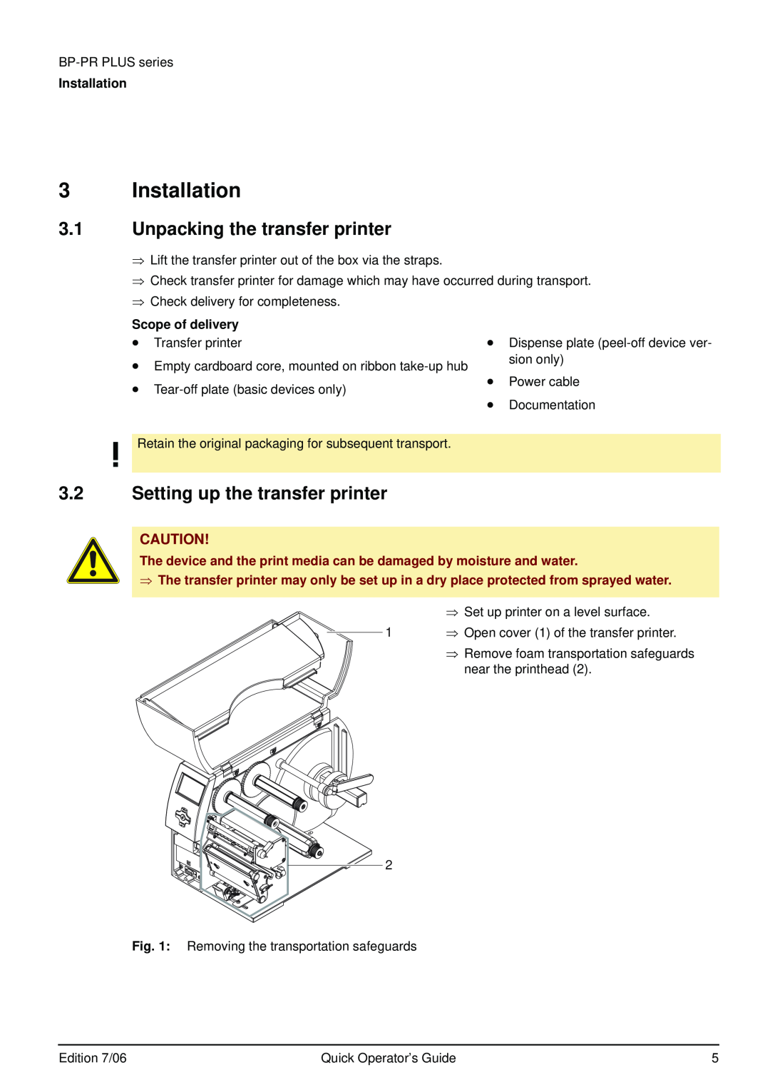 Brady BP-PR PLUS Series manual Installation, Unpacking the transfer printer, Setting up the transfer printer 