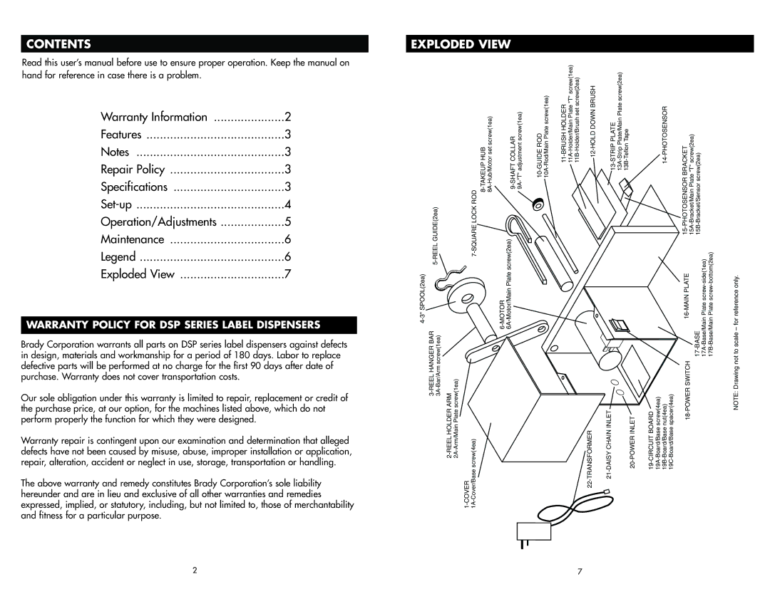 Brady DSP-2 manual Contents Exploded View 