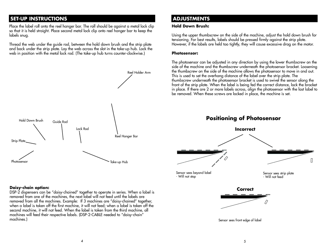 Brady DSP-2 manual SET-UP Instructions, Adjustments 