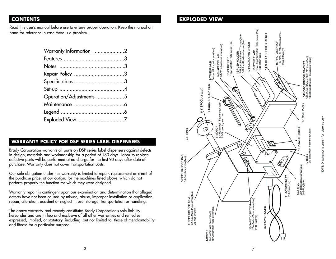 Brady DSP-5, Brady Worldwide Identification Solutions manual Contents, Exploded View 