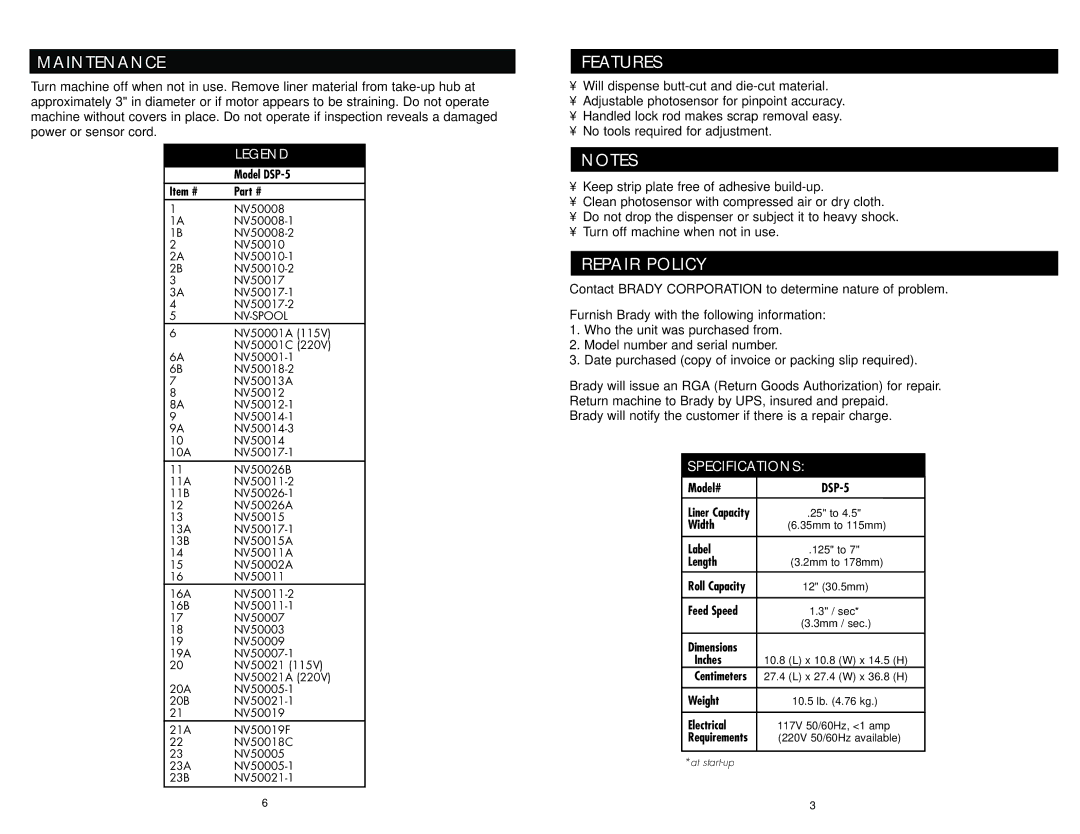 Brady DSP-5, Brady Worldwide Identification Solutions manual Maintenance, Features, Repair Policy 