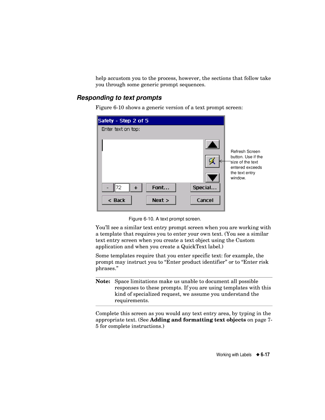 Brady label maker manual Responding to text prompts, shows a generic version of a text prompt screen 