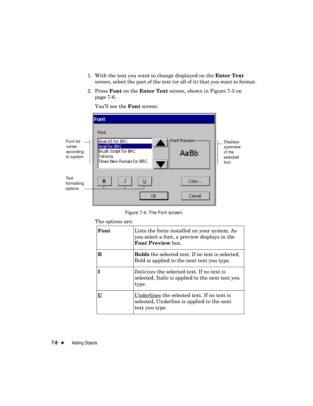 Brady label maker manual Font Preview box, Font screen 