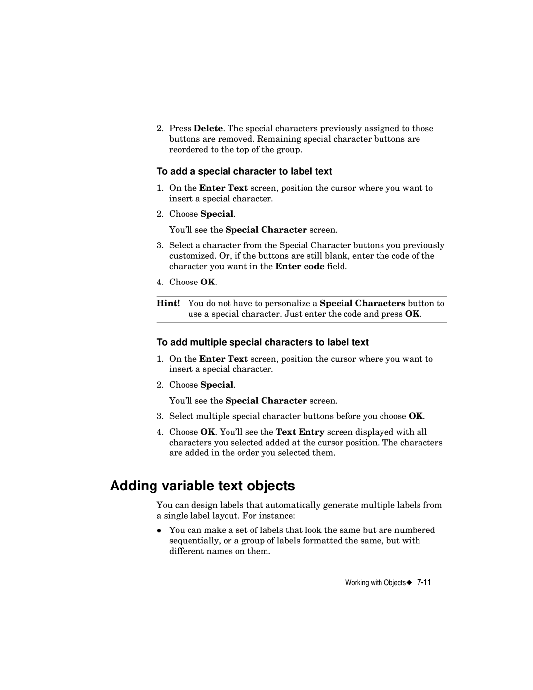 Brady label maker manual Adding variable text objects, To add a special character to label text 