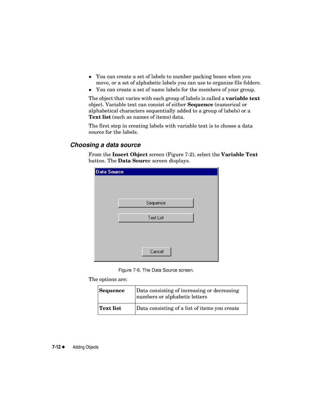 Brady label maker manual Choosing a data source, Sequence, Text list 