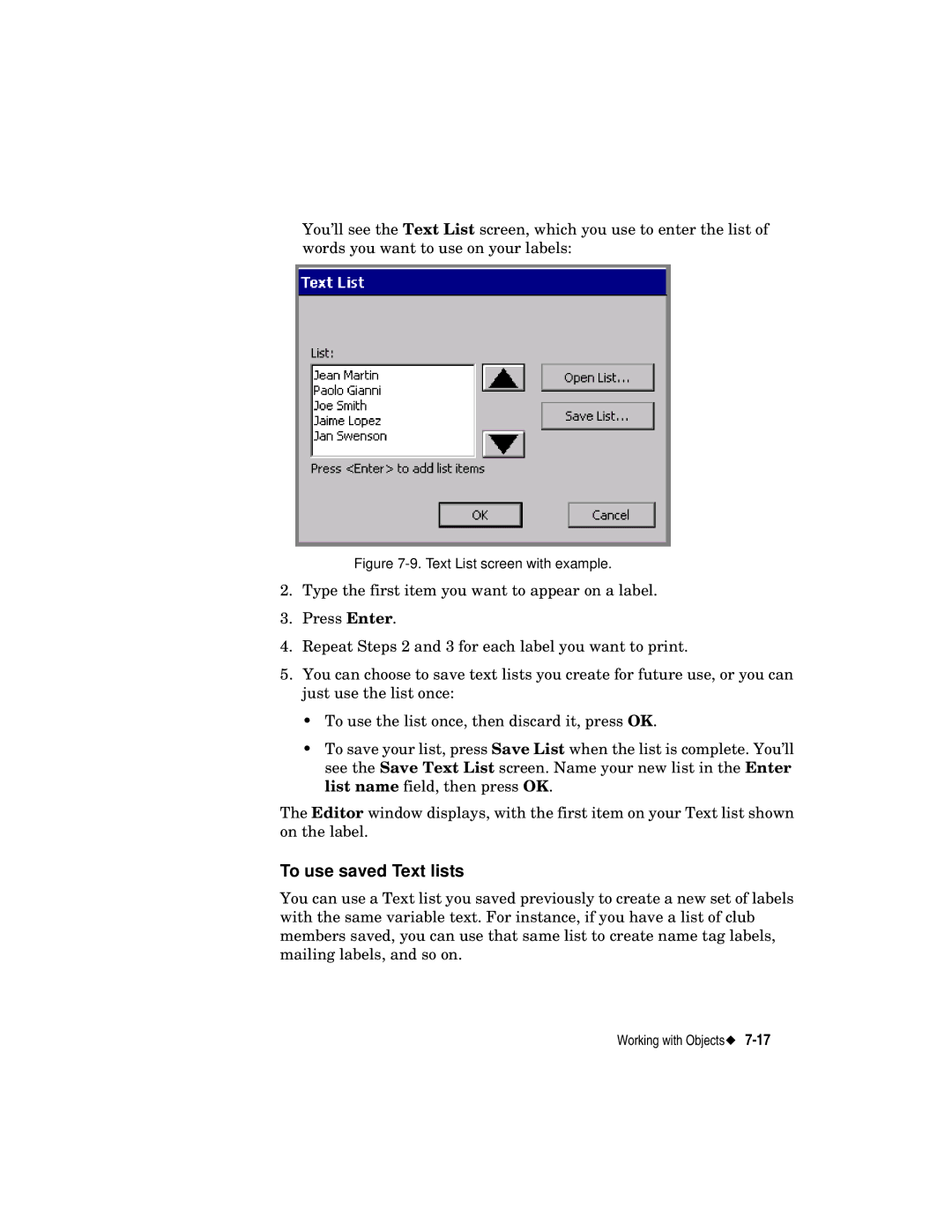 Brady label maker manual To use saved Text lists, Text List screen with example 