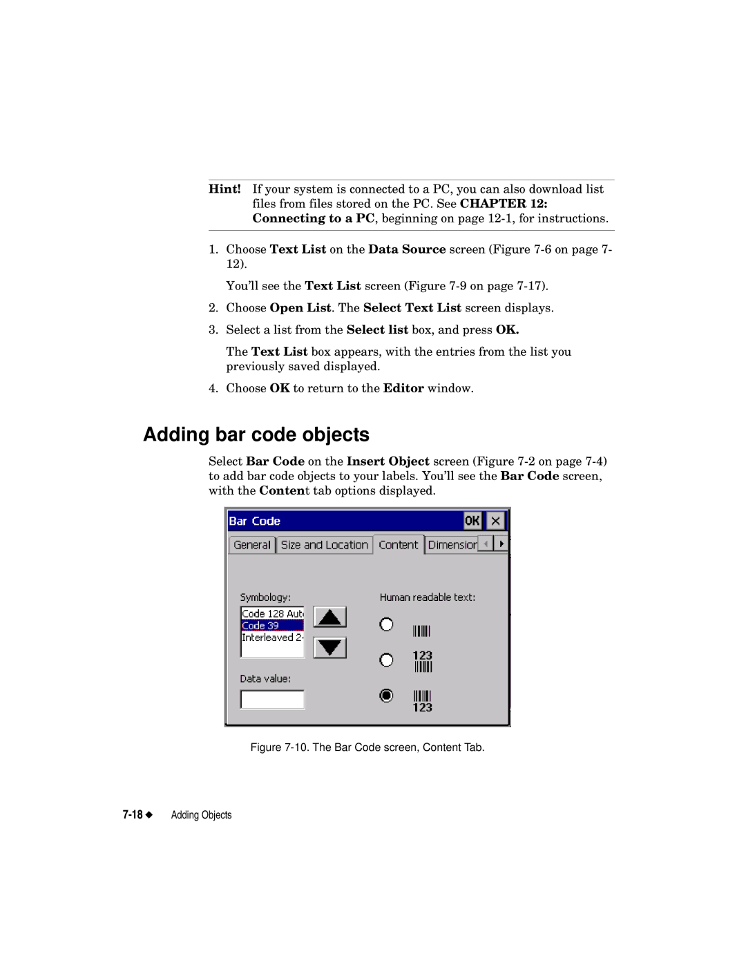 Brady label maker manual Adding bar code objects, The Bar Code screen, Content Tab 18Adding Objects 