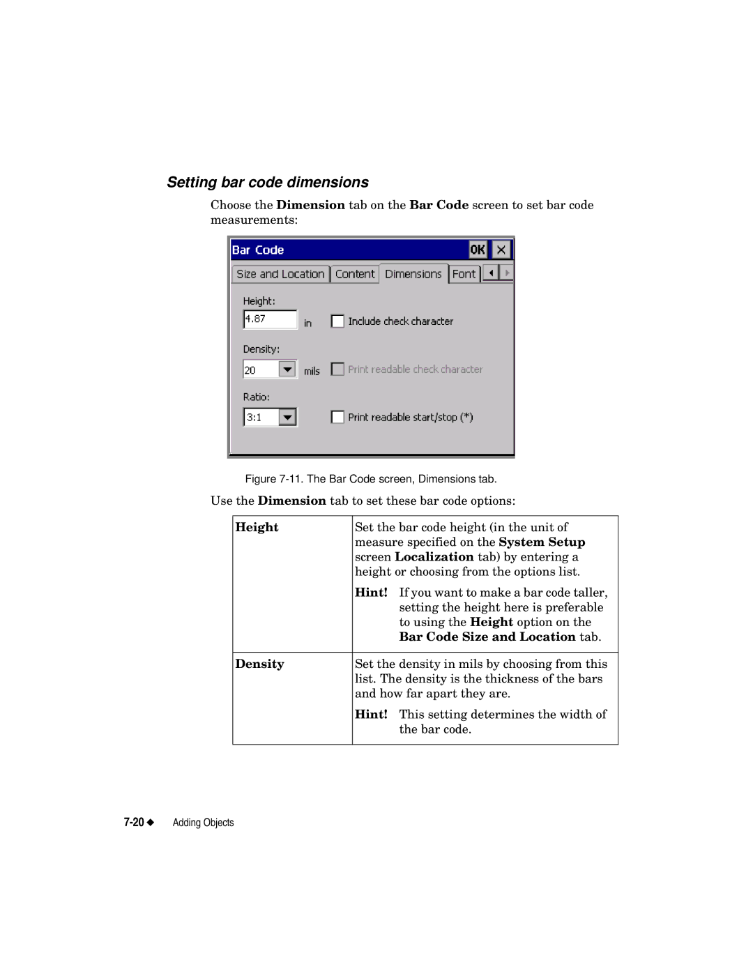 Brady label maker manual Setting bar code dimensions, Height, Bar Code Size and Location tab, Density 