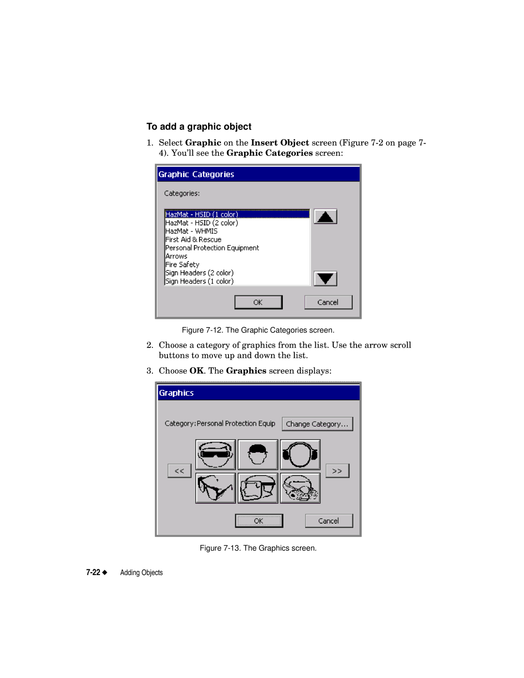 Brady label maker manual To add a graphic object, The Graphic Categories screen 