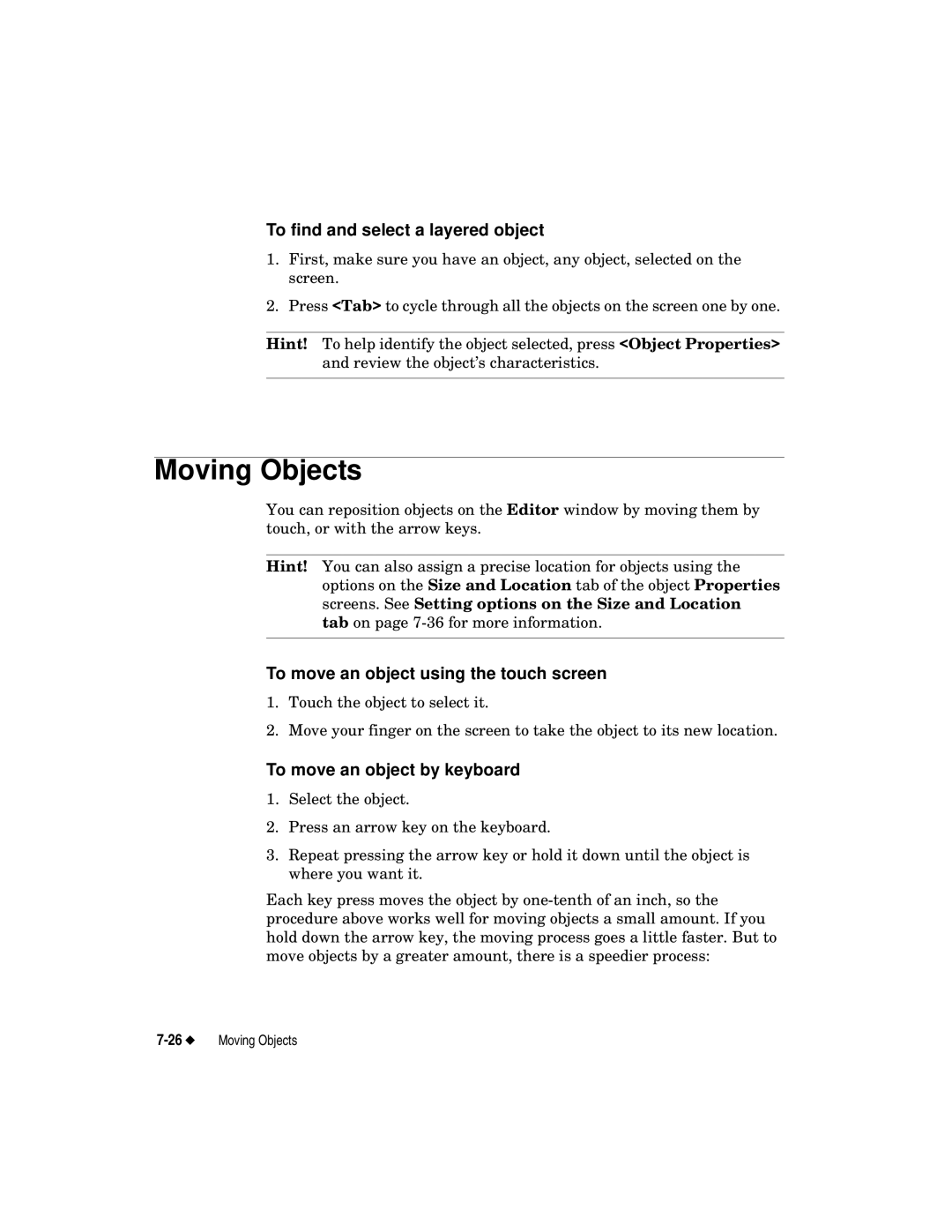 Brady label maker manual Moving Objects, To find and select a layered object, To move an object using the touch screen 