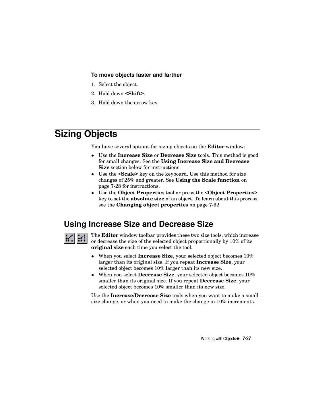 Brady label maker manual Sizing Objects, Using Increase Size and Decrease Size, To move objects faster and farther 