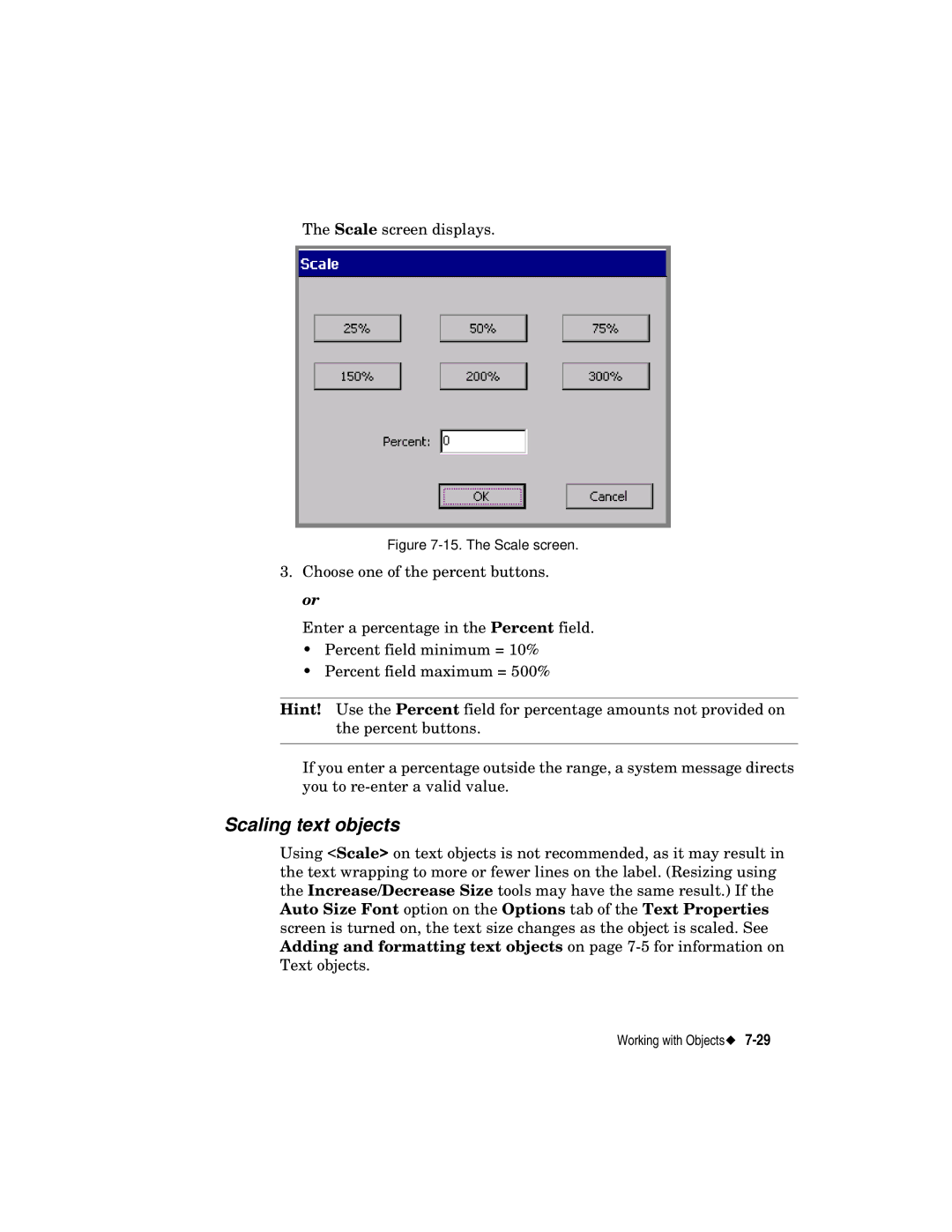 Brady label maker manual Scaling text objects, The Scale screen 