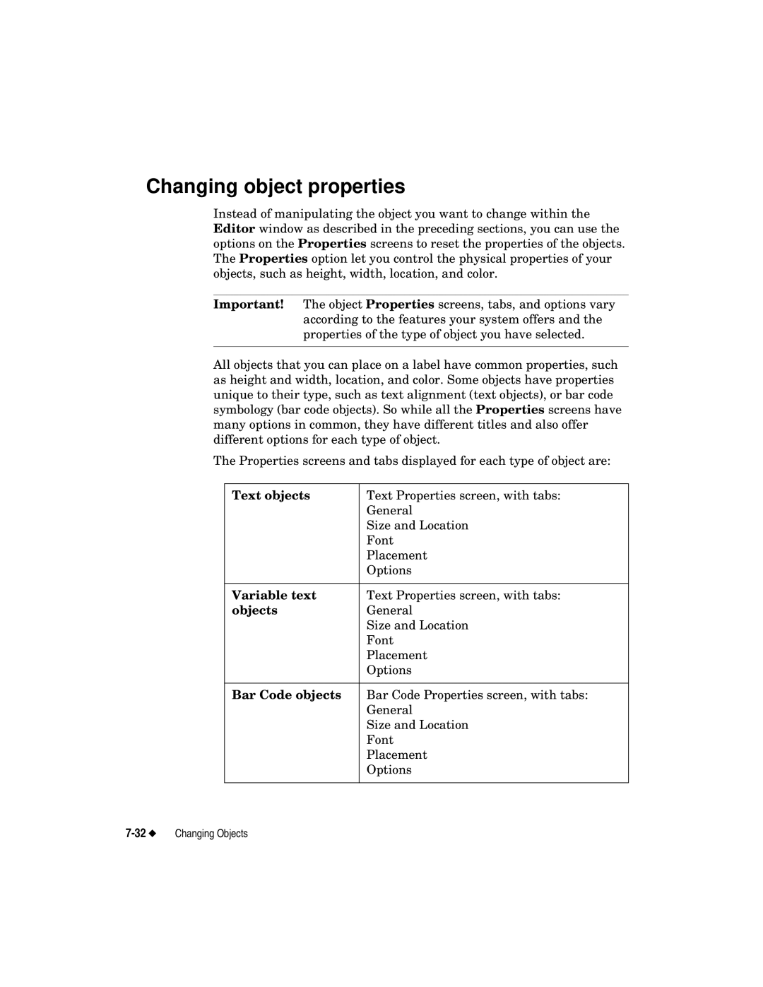 Brady label maker manual Changing object properties, Text objects, Objects, Bar Code objects 