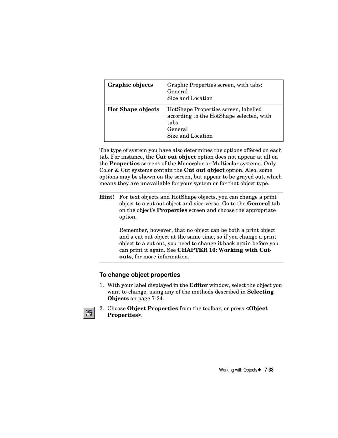 Brady label maker manual To change object properties, Graphic objects, Hot Shape objects 