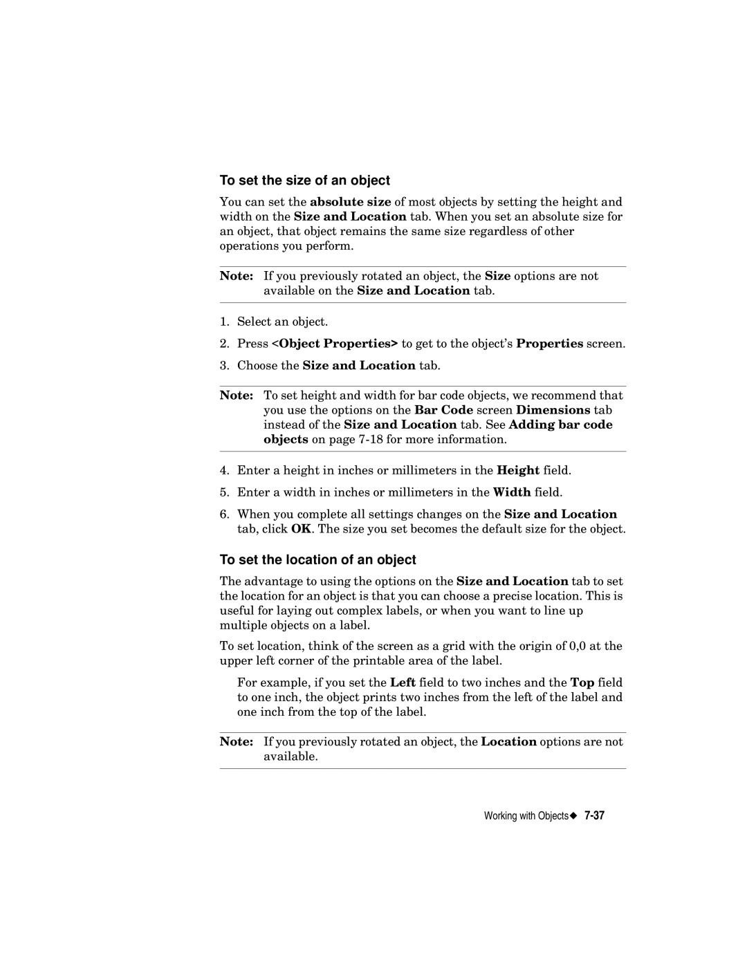 Brady label maker manual To set the size of an object, To set the location of an object, Choose the Size and Location tab 