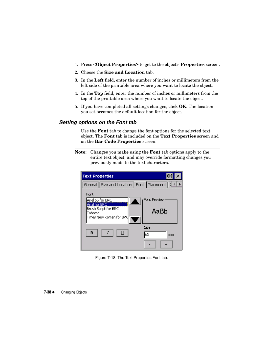 Brady label maker manual Setting options on the Font tab, The Text Properties Font tab 38Changing Objects 