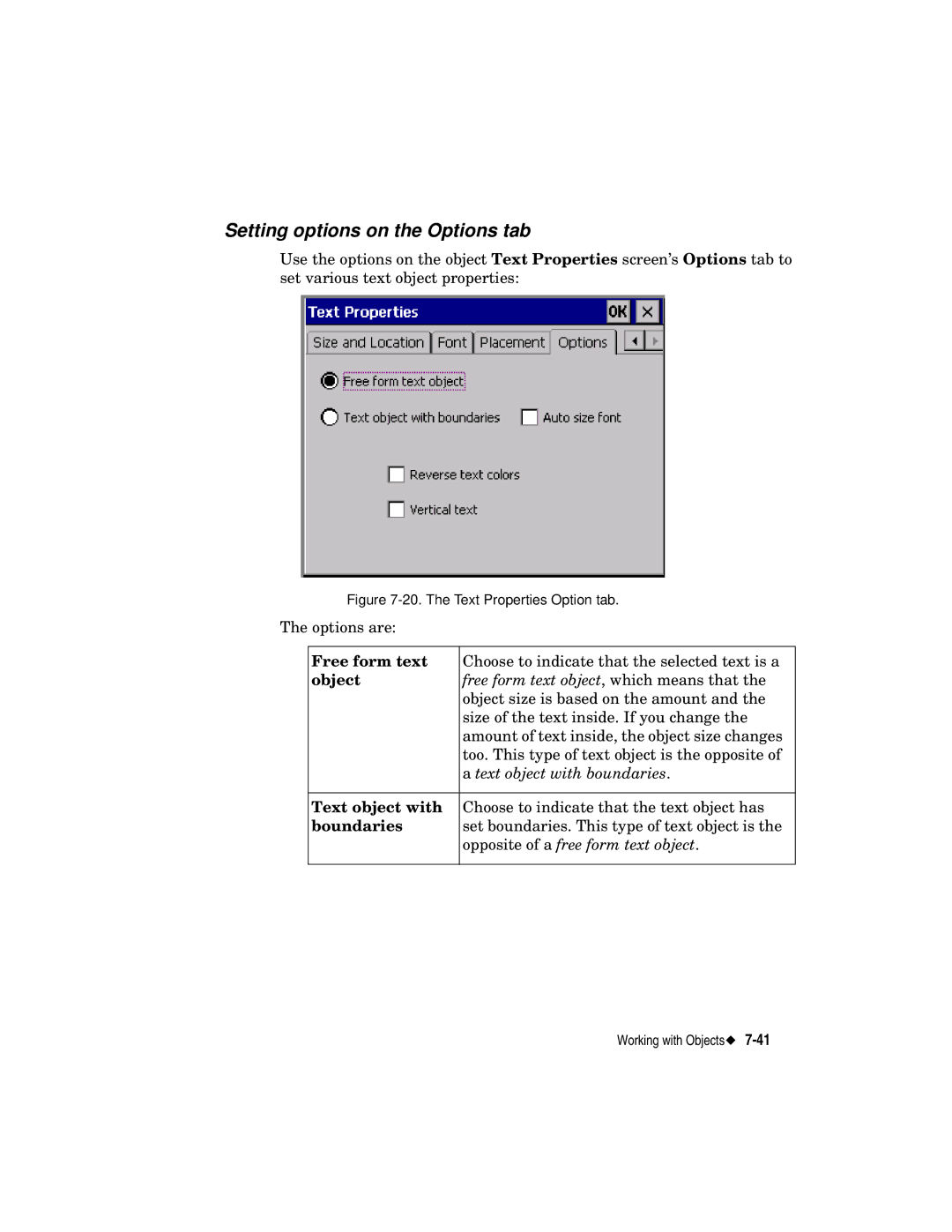 Brady label maker manual Setting options on the Options tab, Free form text, Text object with, Boundaries 