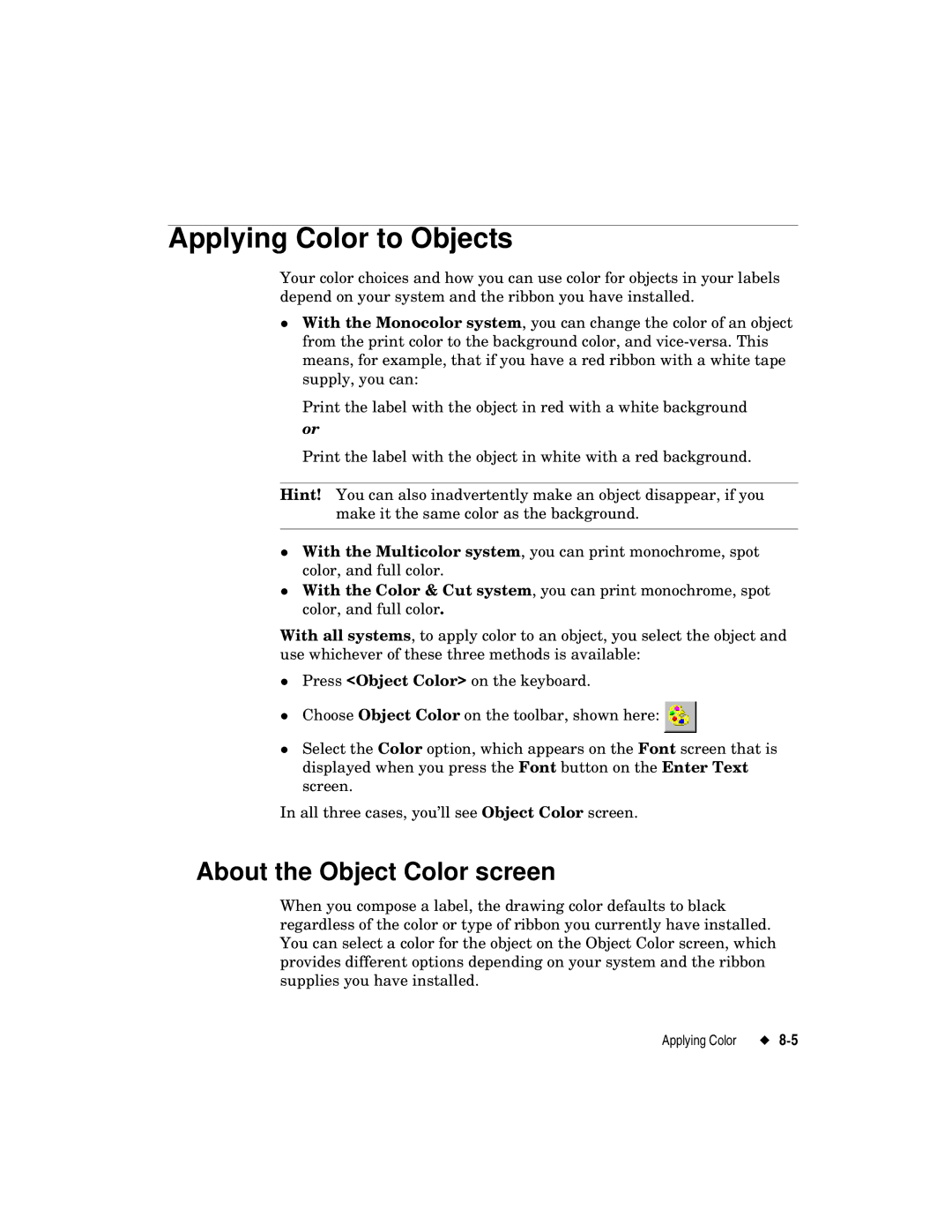 Brady label maker manual Applying Color to Objects, About the Object Color screen 