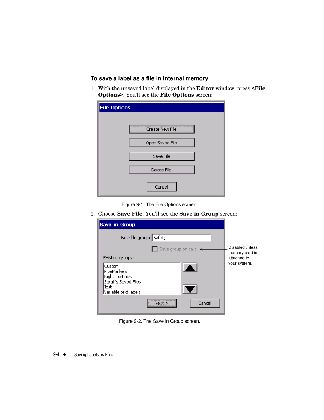 Brady label maker manual To save a label as a file in internal memory, File Options screen 