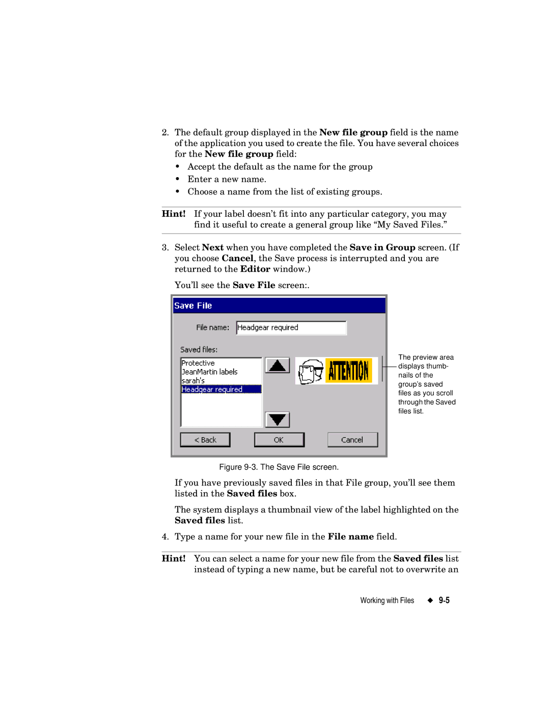 Brady label maker manual Save File screen 