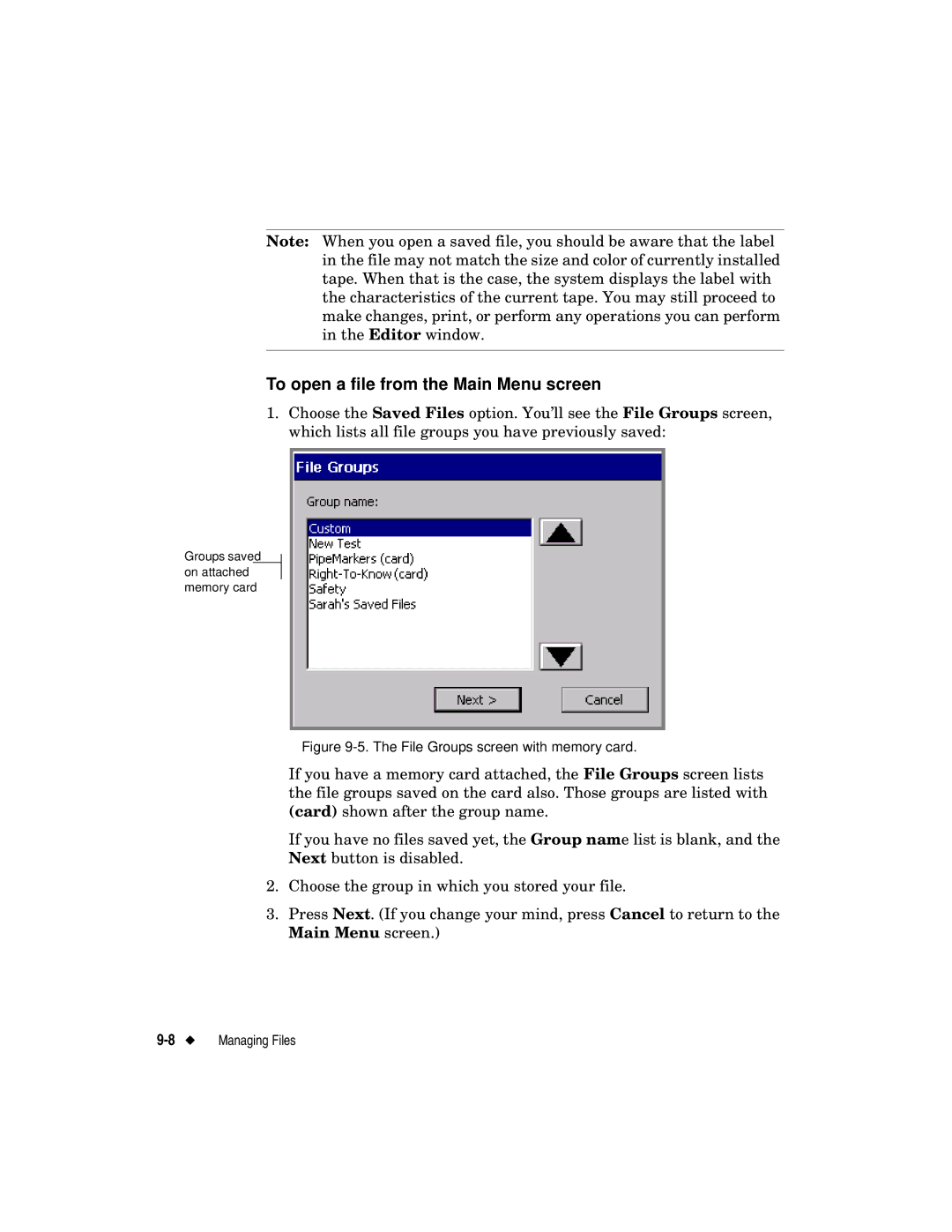 Brady label maker manual To open a file from the Main Menu screen, File Groups screen with memory card 