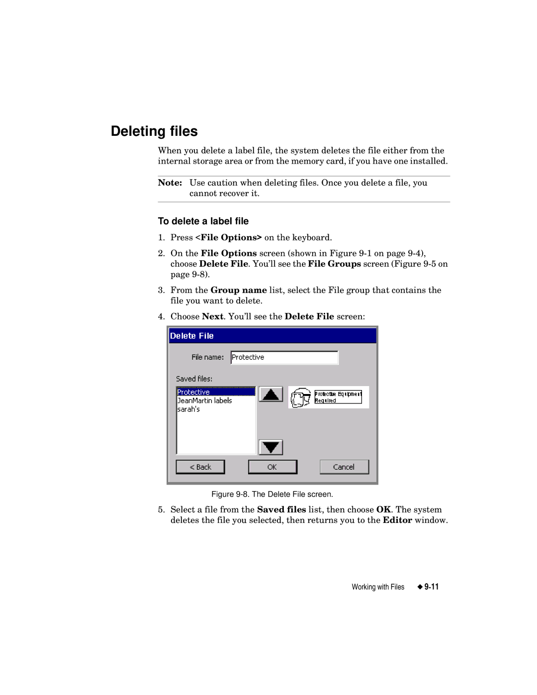 Brady label maker manual Deleting files, To delete a label file 