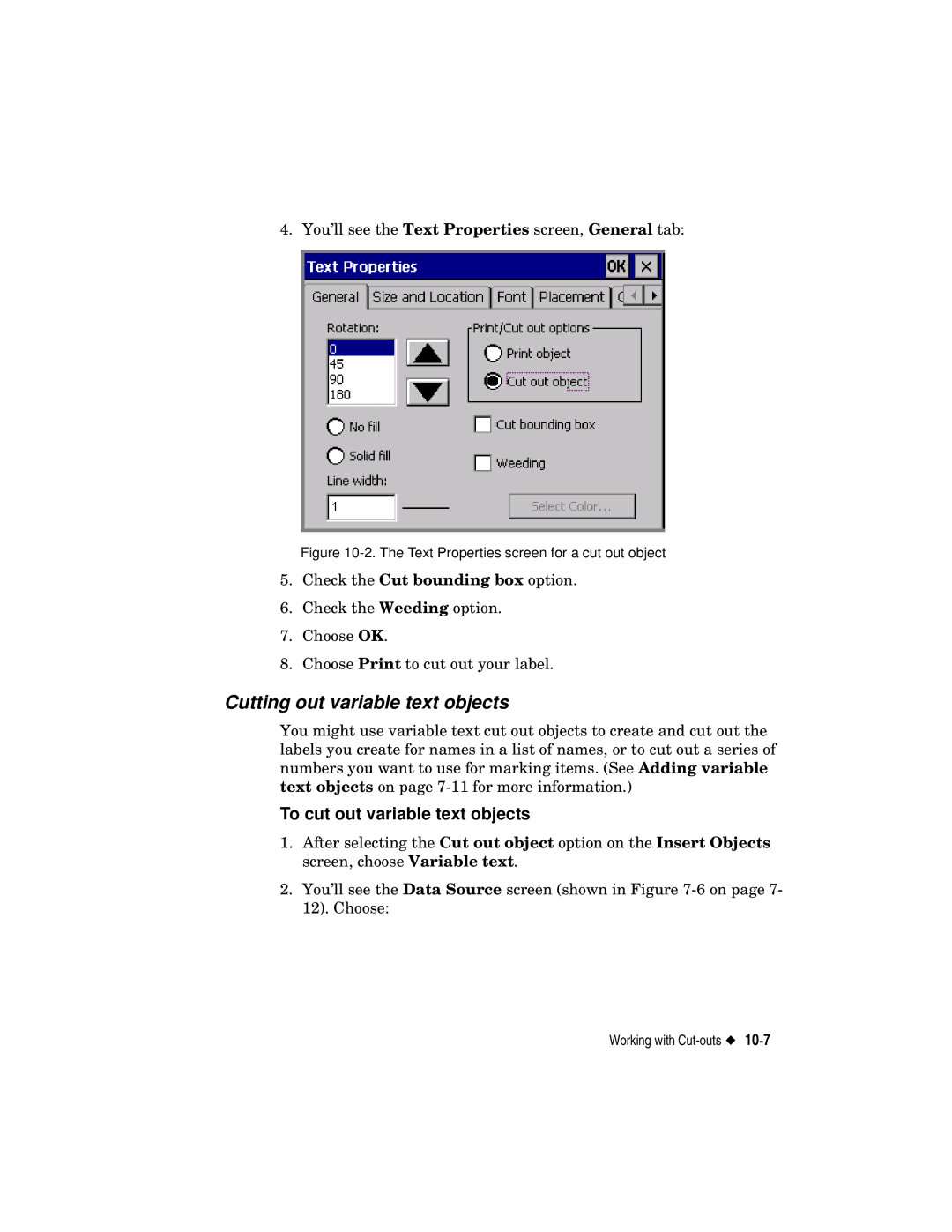 Brady label maker manual Cutting out variable text objects, To cut out variable text objects 