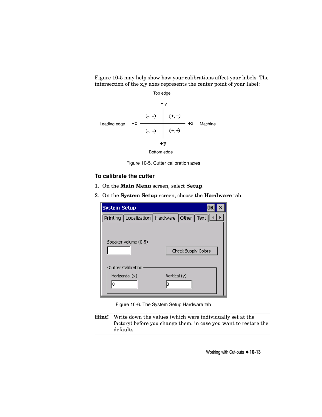 Brady label maker manual To calibrate the cutter, Cutter calibration axes 