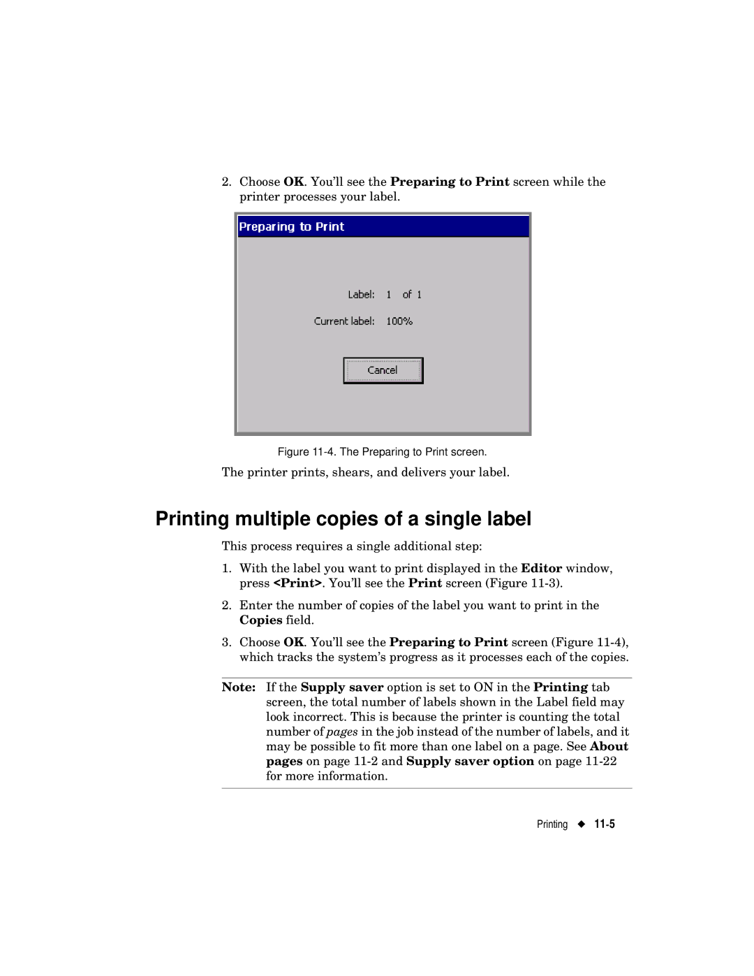 Brady label maker manual Printing multiple copies of a single label, Preparing to Print screen 