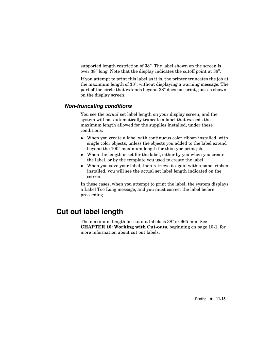 Brady label maker manual Cut out label length, Non-truncating conditions 