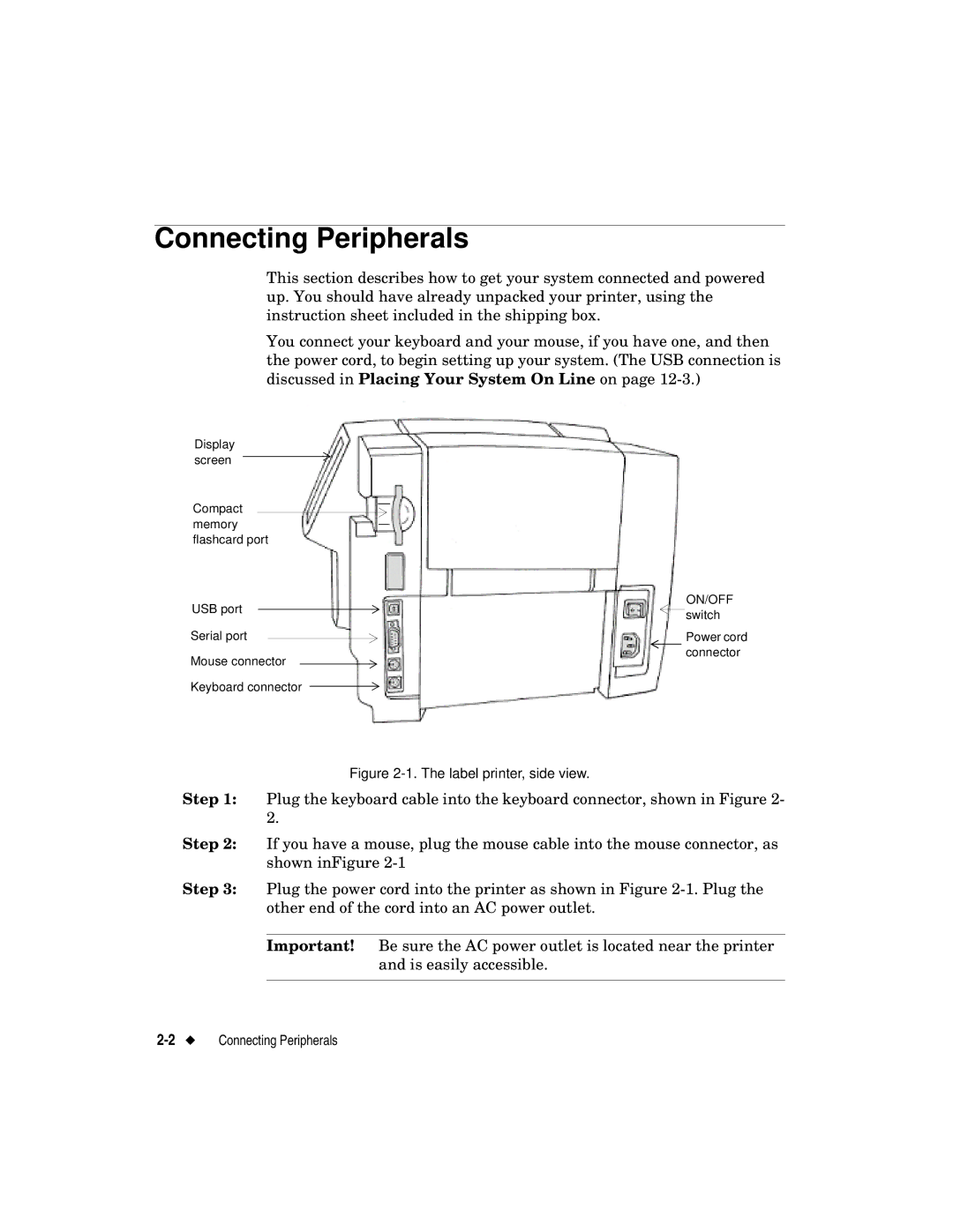 Brady label maker manual Connecting Peripherals, Label printer, side view 