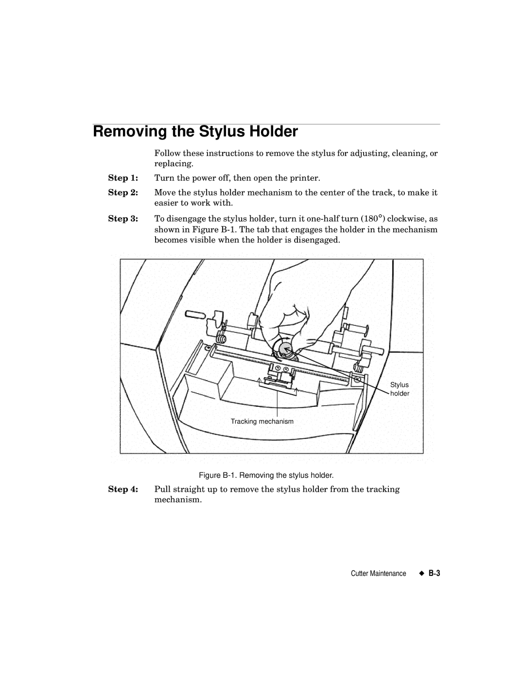 Brady label maker manual Removing the Stylus Holder, Figure B-1. Removing the stylus holder 