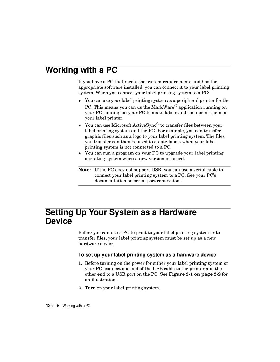 Brady label maker manual Working with a PC, Setting Up Your System as a Hardware Device 