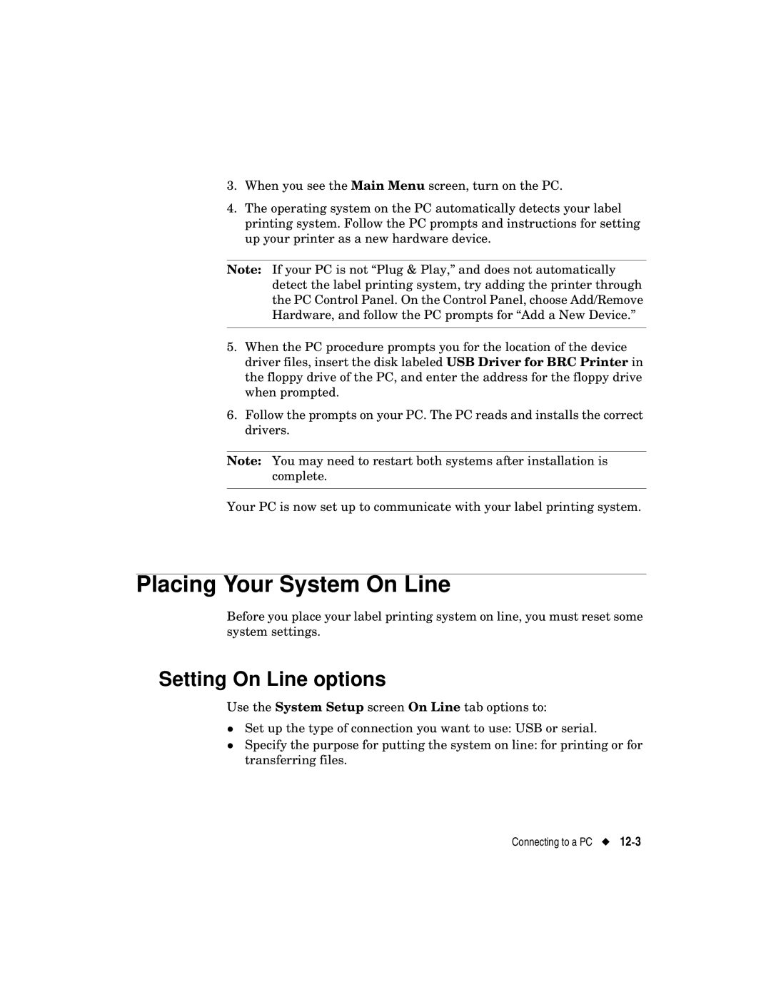 Brady label maker manual Placing Your System On Line, Setting On Line options 