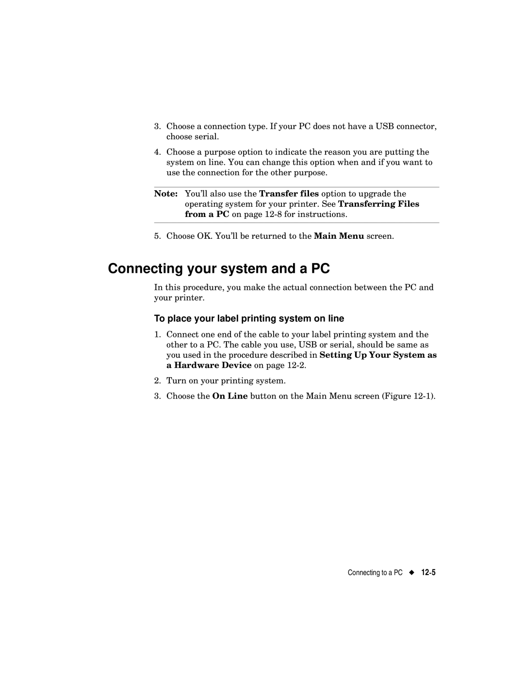 Brady label maker manual Connecting your system and a PC, To place your label printing system on line 