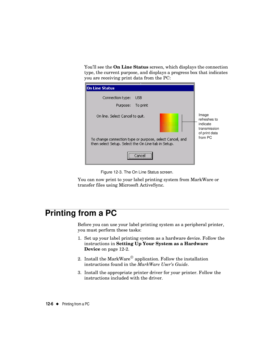 Brady label maker manual Printing from a PC, On Line Status screen 