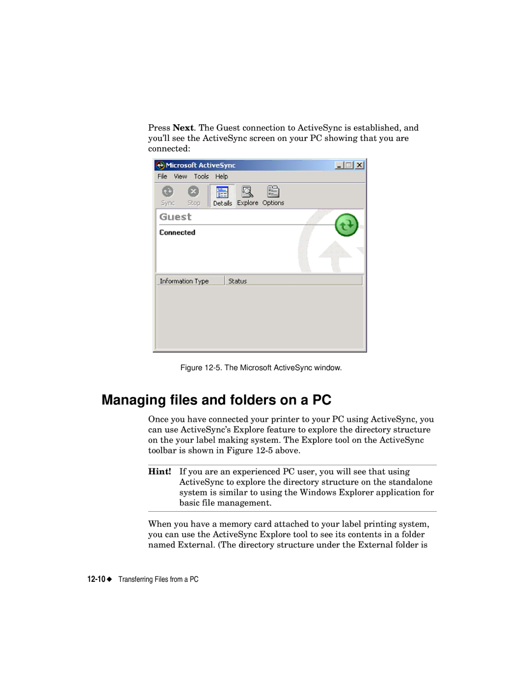 Brady label maker manual Managing files and folders on a PC, Microsoft ActiveSync window 