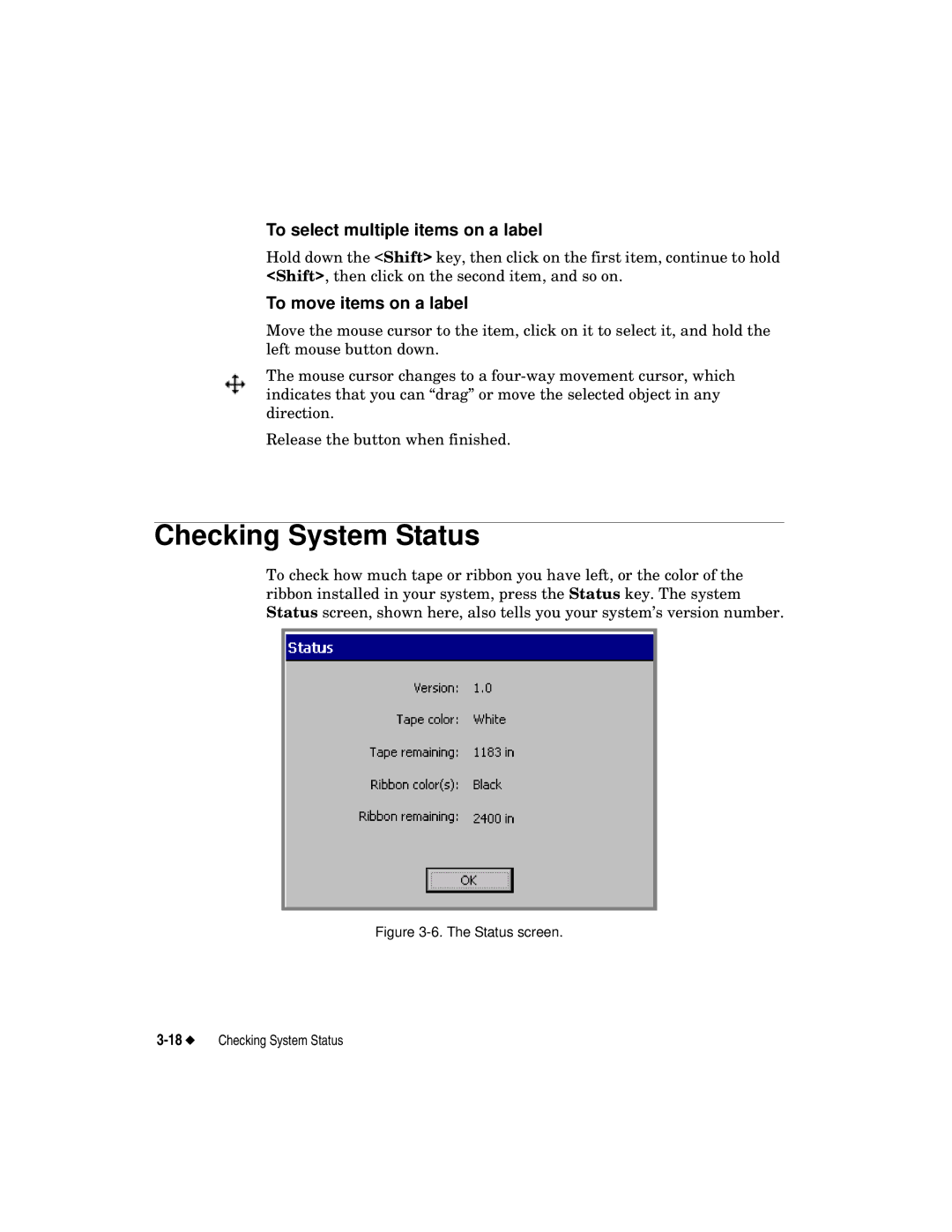 Brady label maker manual Checking System Status, To select multiple items on a label, To move items on a label 