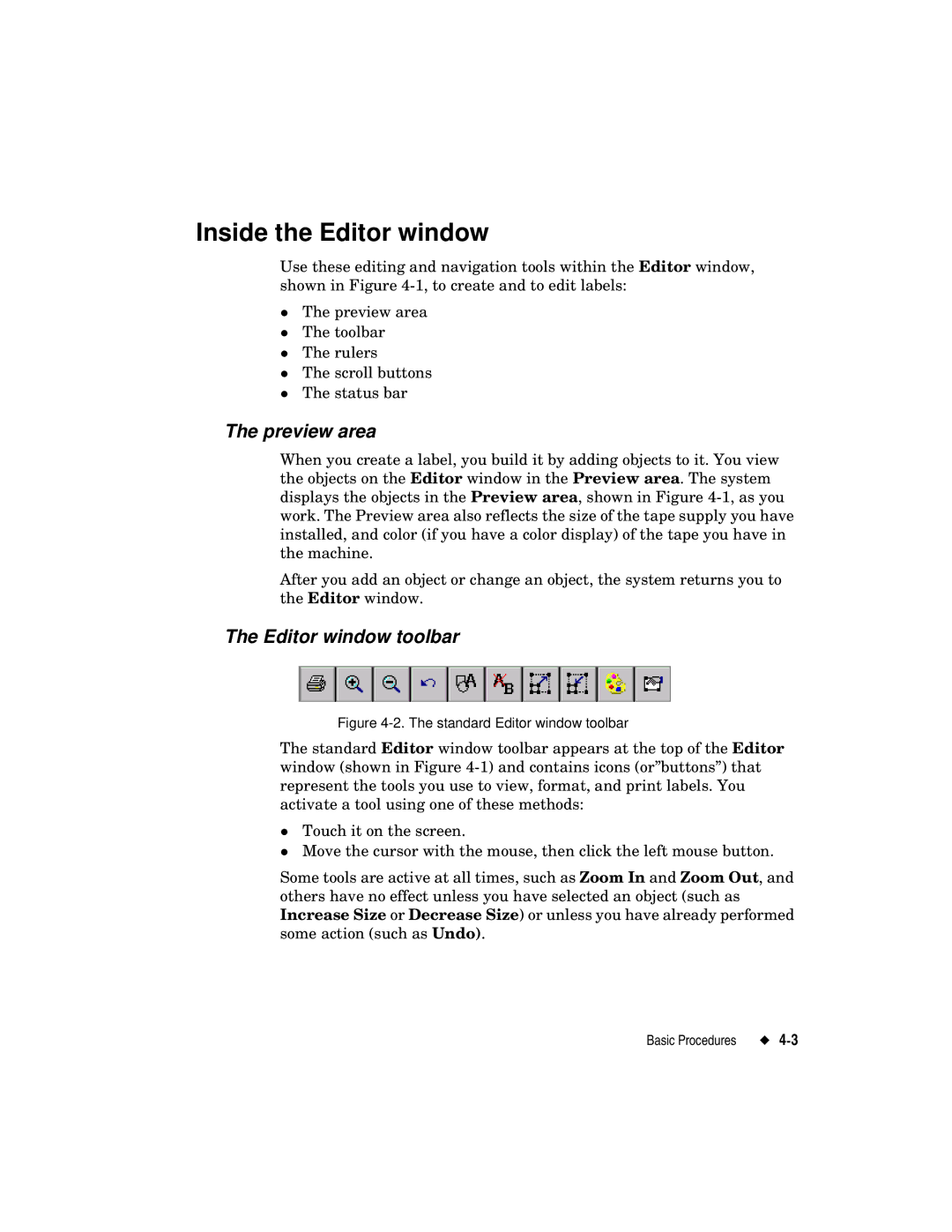 Brady label maker manual Inside the Editor window, Preview area, Editor window toolbar 