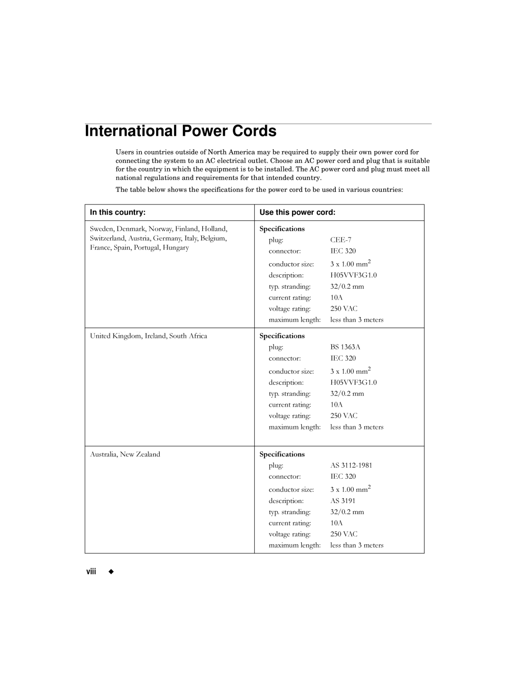 Brady label maker manual International Power Cords, 6SHFLILFDWLRQV 