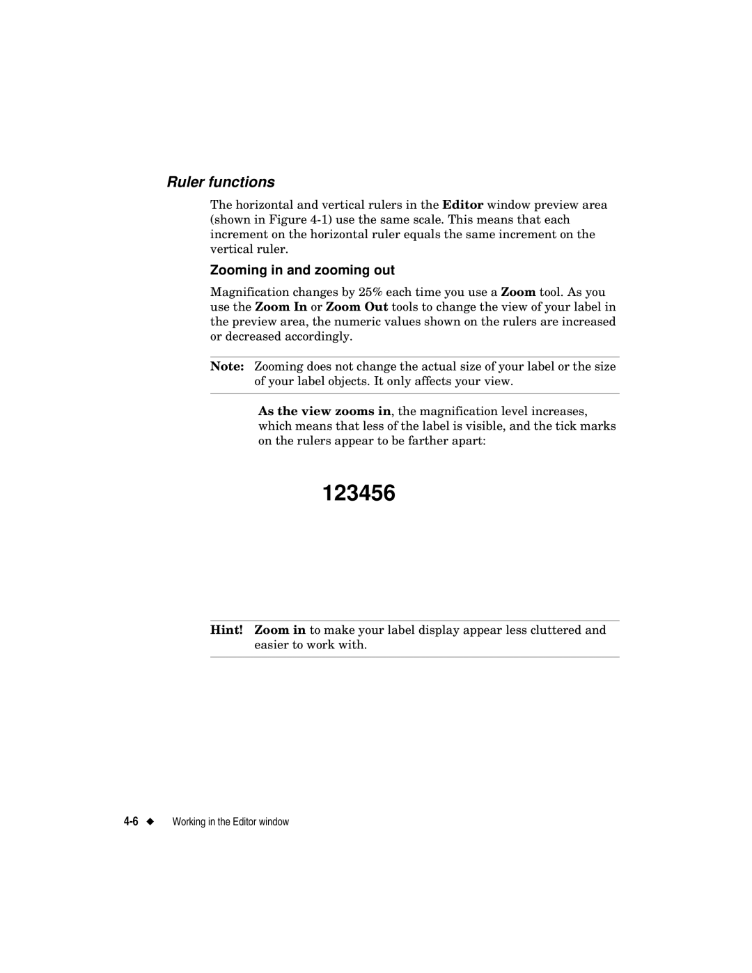 Brady label maker manual 123456, Ruler functions, Zooming in and zooming out 