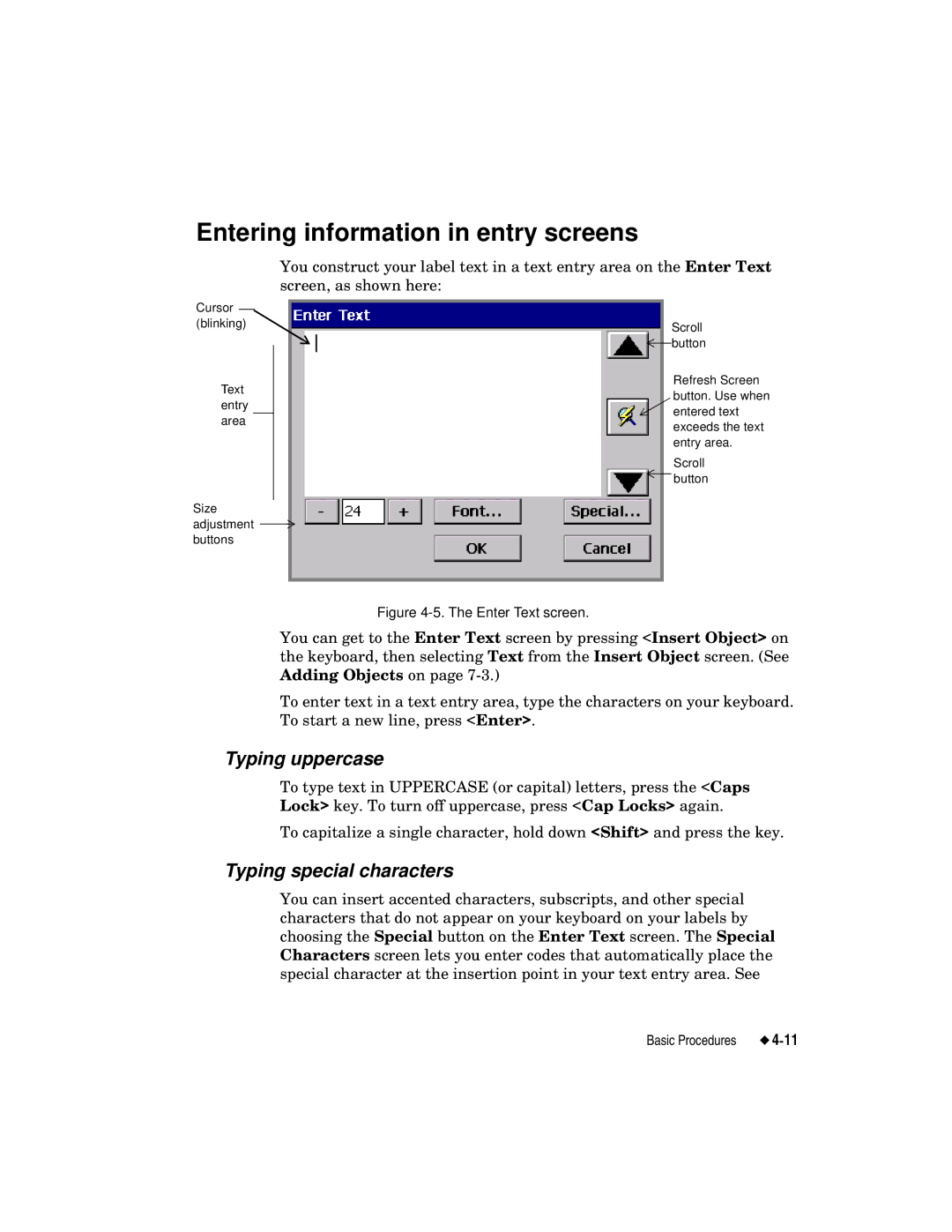 Brady label maker manual Entering information in entry screens, Typing uppercase, Typing special characters 