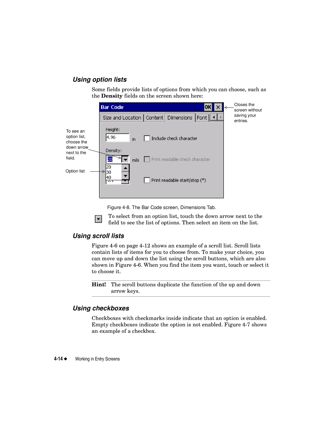 Brady label maker manual Using option lists, Using scroll lists, Using checkboxes 