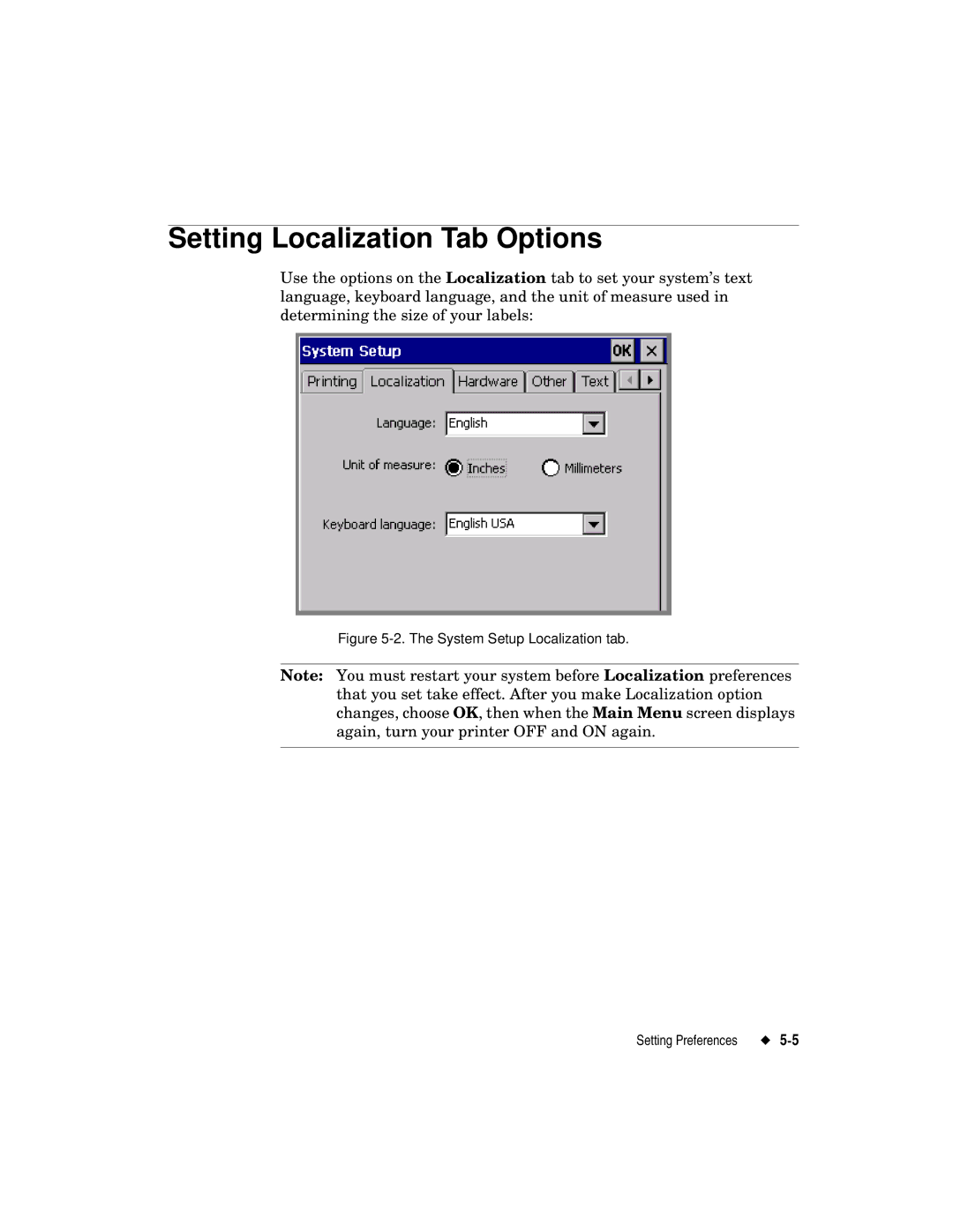 Brady label maker manual Setting Localization Tab Options, System Setup Localization tab 