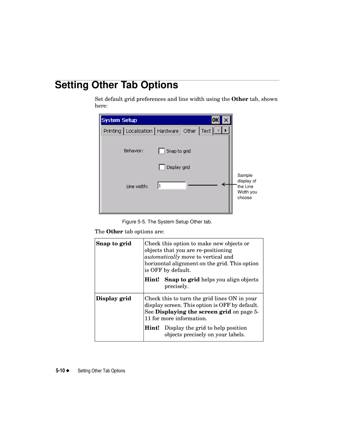 Brady label maker manual Setting Other Tab Options, Snap to grid, Display grid, See Displaying the screen grid on 