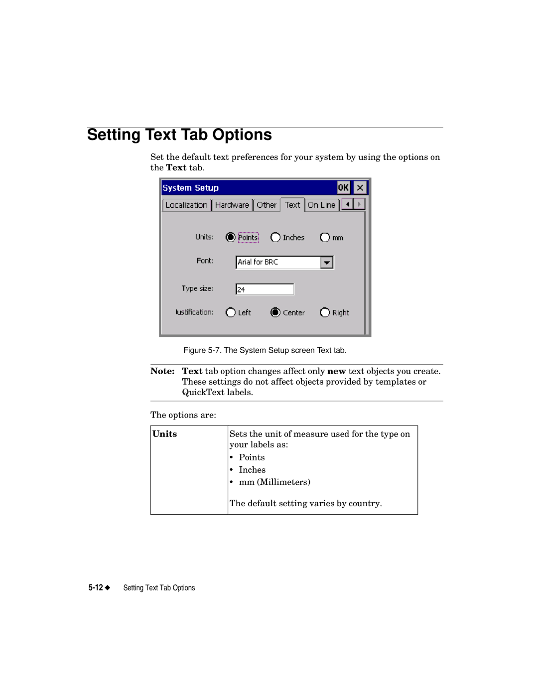 Brady label maker manual Setting Text Tab Options, Units 