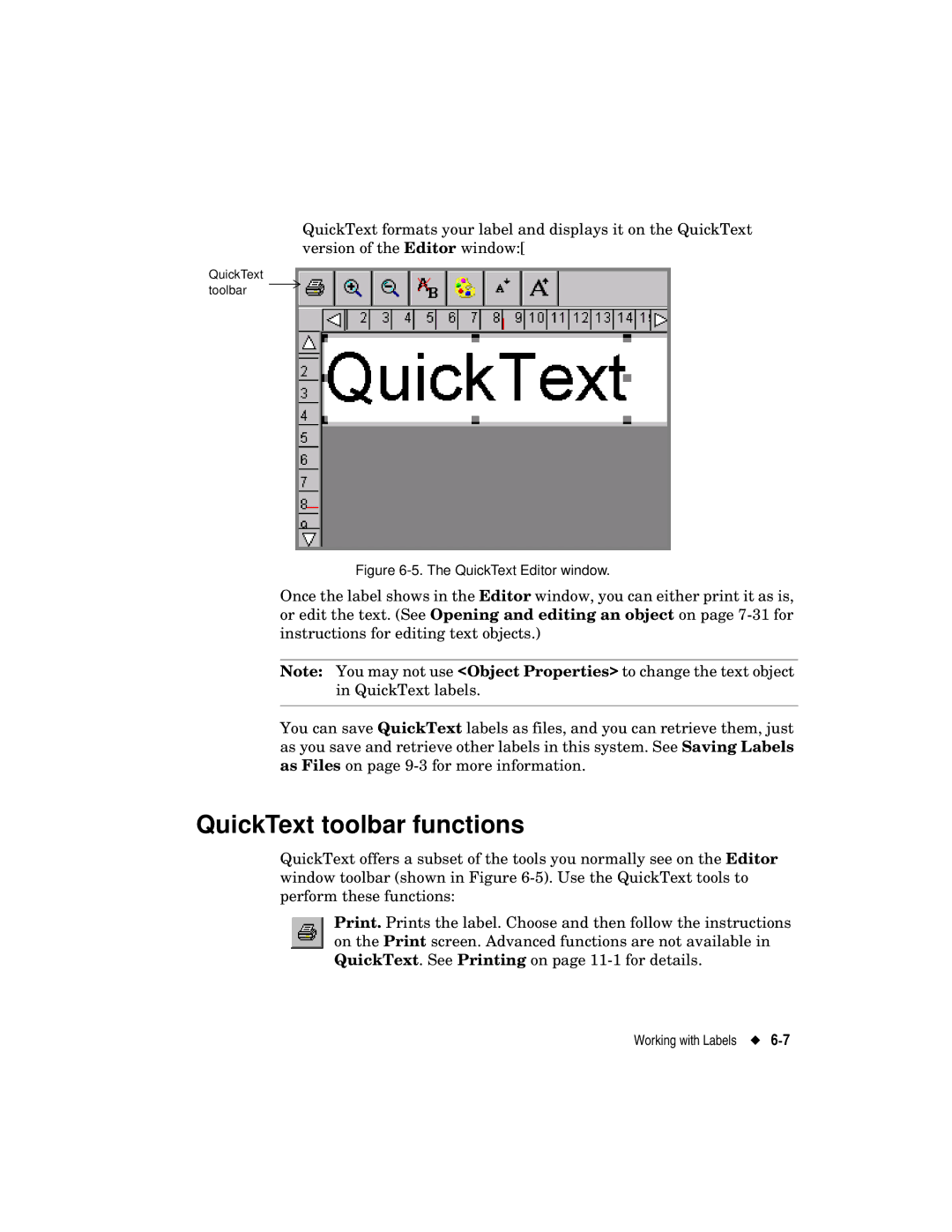 Brady label maker manual QuickText toolbar functions, QuickText Editor window 