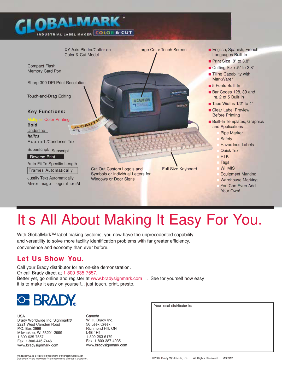 Brady touch print manual Let Us Show You, Key Functions 