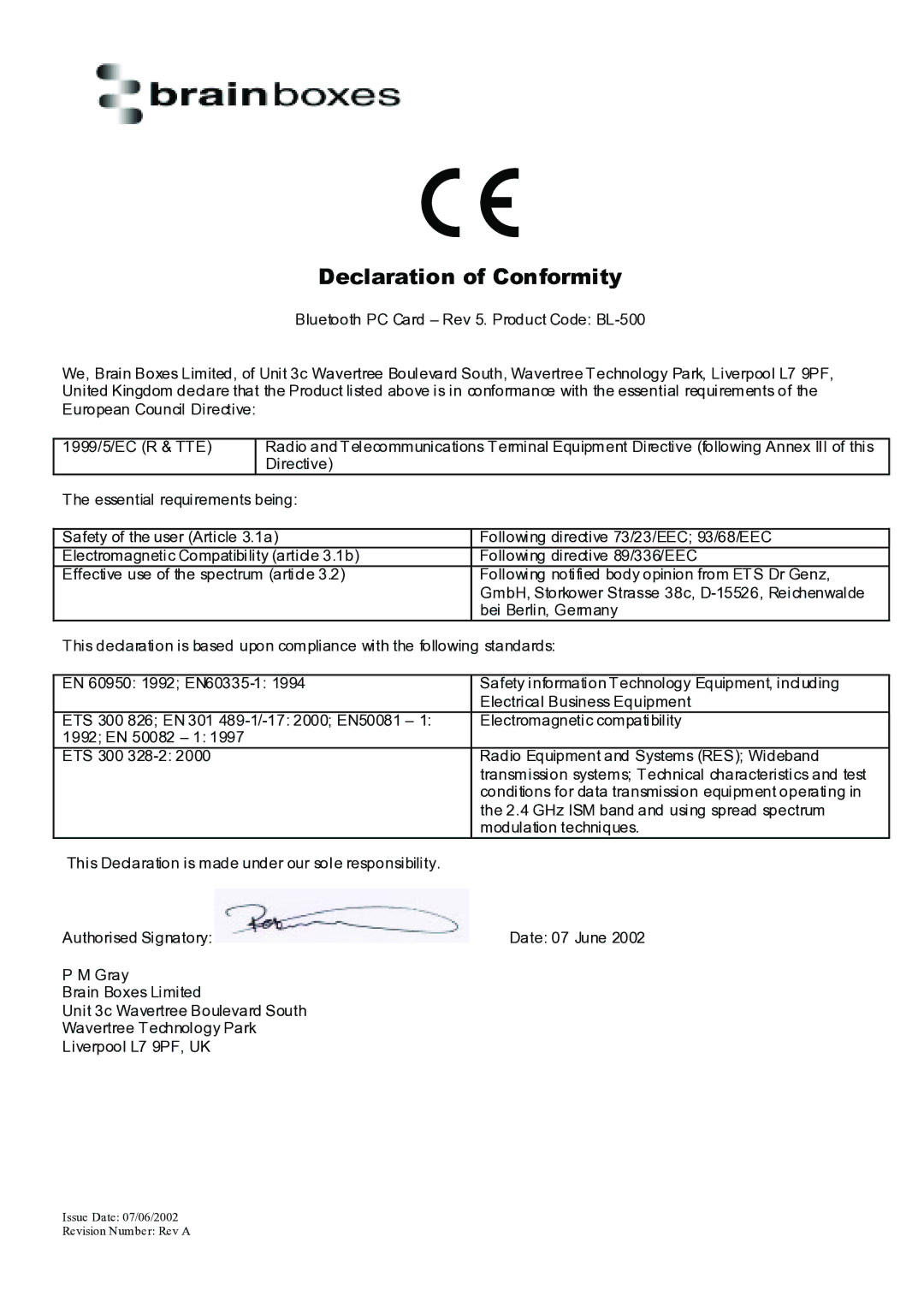 Brainboxes BL-500 manual Declaration of Conformity 